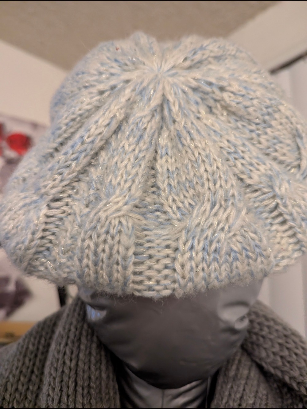Soft Knit Beanie Hat in Light Blue and Cream